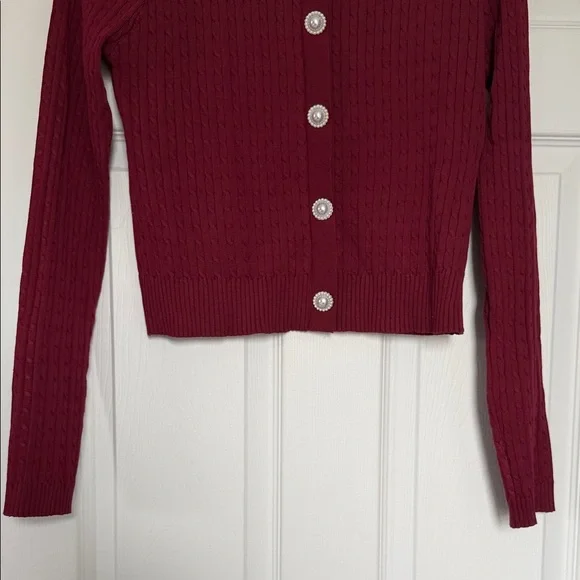 Burgundy Cardigan sweater  with Cream Collar size L - Picture 4 of 8